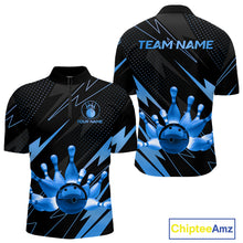 Load image into Gallery viewer, Custom Black and Blue Bowling Polo, Quarter Zip Shirts for Men, Team Bowling League Jersey NQS10892