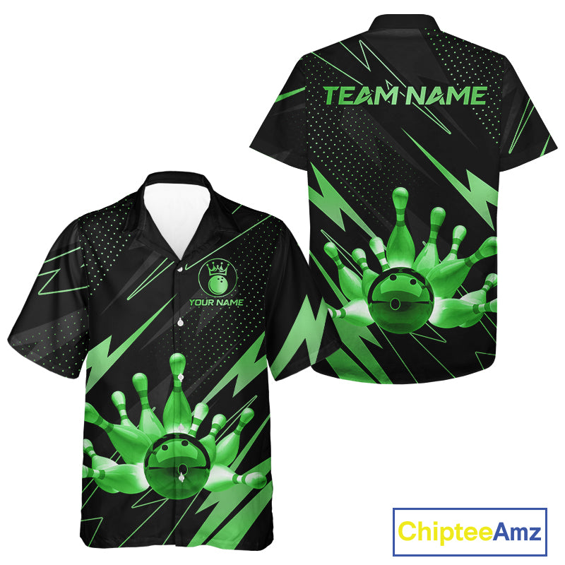 Custom Black and Green Bowling Hawaiian shirts, Team Bowling League Button up shirt NQS10893