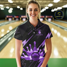 Load image into Gallery viewer, Custom Black and Purple Bowling Polo, Quarter Zip Shirts for Women, Team Bowling League Jersey NQS10894