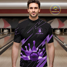Load image into Gallery viewer, Custom Black and Purple Bowling Polo, Quarter Zip Shirts for Men, Team Bowling League Jersey NQS10894