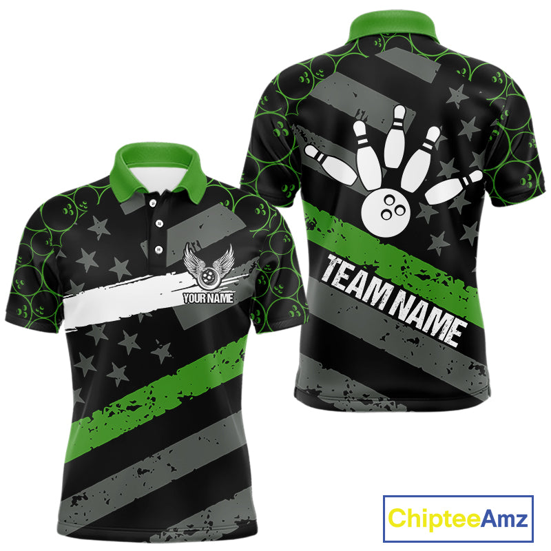 Black American flag Men bowling shirts Custom bowling camo Team Jerseys, gift for Bowlers | Green NQS10896
