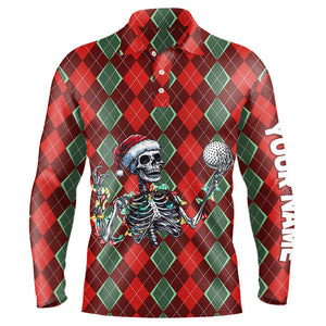 Funny Skull Christmas argyle plaid pattern Mens golf polo shirt custom Christmas golf outfits for mens NQS8975