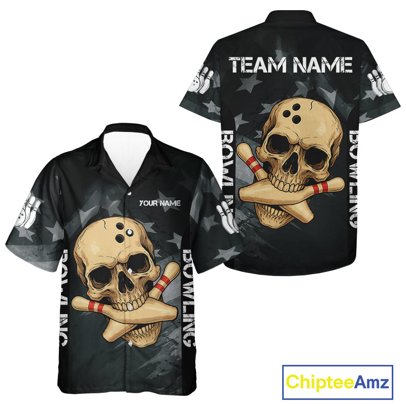 Personalized Black American Flag Skull Bowling Hawaiian Shirt Custom Team's Name Skull Bowler Jersey NQS11082