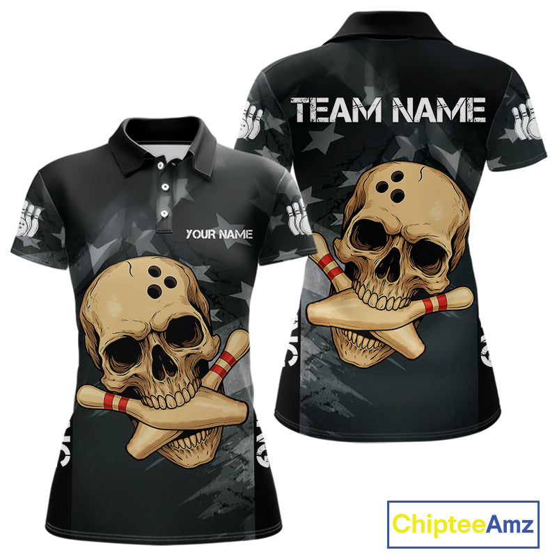 Personalized Black American Flag Skull Bowling Shirt For Women Custom Team's Name Skull Bowler Jersey NQS11082