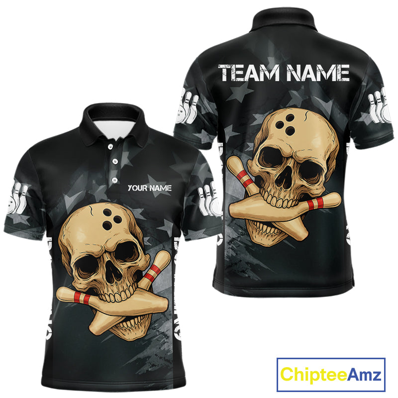 Personalized Black American Flag Skull Bowling Shirts For Men Custom Team's Name Skull Bowler Jerseys NQS11082