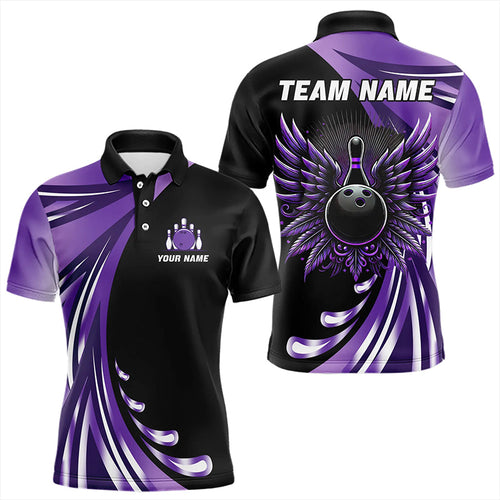 Black and Purple Bowling Ball and Pins wings Bowling Shirts for Men Custom Team Bowling Jerseys NQS9209