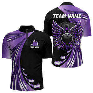 Black and Purple Bowling Ball and Pins wings Bowling Shirts for Men Custom Team Bowling Jerseys NQS9209