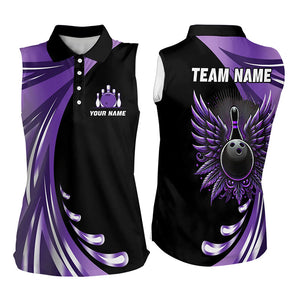 Black and Purple Bowling Ball and Pins wings Bowling Sleeveless Polo Shirt Custom Team Bowling Jerseys NQS9209