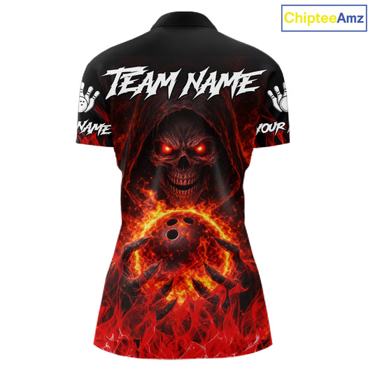 Black And Red Flame Skull Reaper Womens bowling shirt, Personalized Bowling Jerseys Women NQS11491