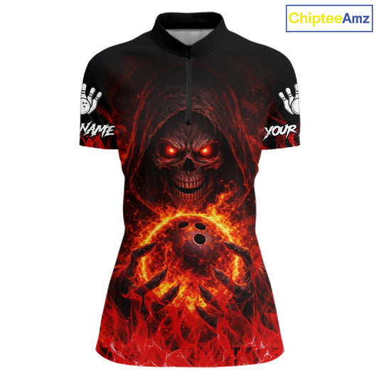 Black And Red Flame Skull Reaper Womens bowling shirt, Personalized Bowling Jerseys Women NQS11491