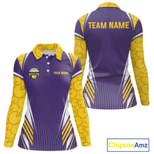 Load image into Gallery viewer, Purple And Yellow Custom bowling shirts for Women, Personalized bowling outfit team bowling jersey NQS11493