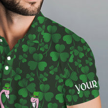 Load image into Gallery viewer, Funny Mens golf polo shirt green clover St Patrick day background custom name Flamingo golf friends NQS4742