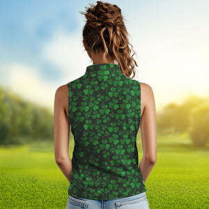 Funny Womens sleeveless polo shirt green clover St Patrick day custom Flamingo golf friends NQS4742