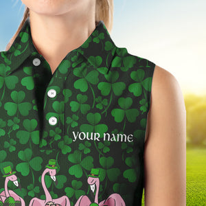 Funny Womens sleeveless polo shirt green clover St Patrick day custom Flamingo golf friends NQS4742