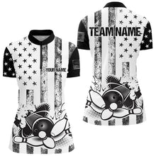 Load image into Gallery viewer, Personalized Black &amp; White American Flag Retro Bowling shirt for Women, Patriotic Bowling Team Jersey NQS9567