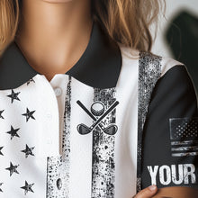 Load image into Gallery viewer, Personalized Black &amp; White American Flag Retro Women golf polo shirts Custom Patriotic ladies golf top NQS9568