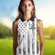 Load image into Gallery viewer, Personalized Black &amp; White American Flag Retro Women sleeveless polo shirt Patriotic laies golf top NQS9568