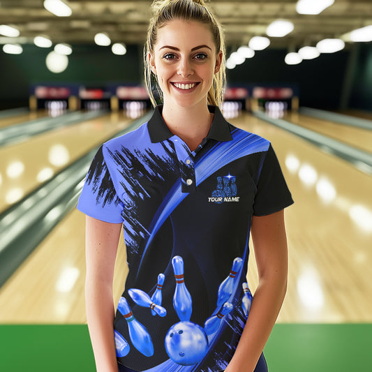 Personalized Black and Blue Bowling Polo, Quarter Zip Shirts For Women Custom Bowling Team Jersey NQS9723