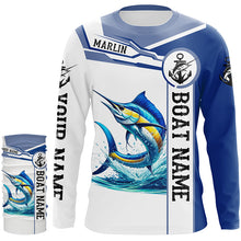 Load image into Gallery viewer, Blue and white Marlin fishing UV protection Customize name and boat name long sleeves fishing shirts NQS1842