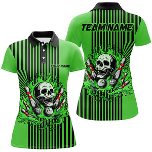 Green and Black stripes Women bowling polo, quarter zip shirts Custom Skull bowling Team Jerseys NQS7648