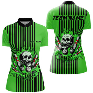 Green and Black stripes Women bowling polo, quarter zip shirts Custom Skull bowling Team Jerseys NQS7648