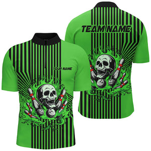 Green and Black stripes Mens bowling polo, quarter zip shirts Custom Skull bowling Team Jerseys NQS7648