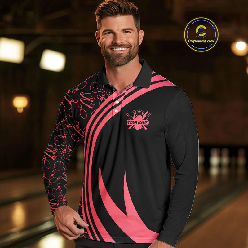 Black Mens bowling shirts Custom Red neon team league bowling jerseys, gifts for bowlers NQS9983