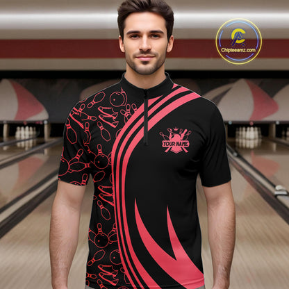 Black Mens bowling shirts Custom Red neon team league bowling jerseys, gifts for bowlers NQS9983