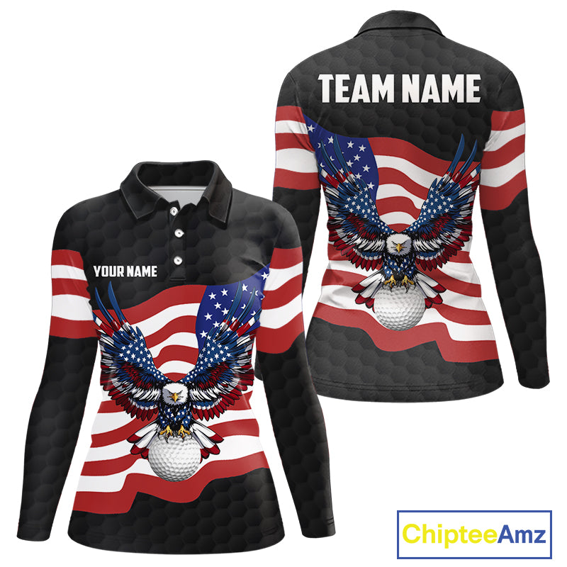 Black Golf pattern American Flag Eagle Women golf polo shirts Custom patriotic ladies golf attire NQS9986
