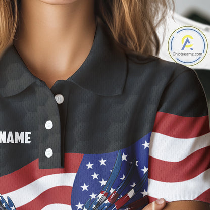 Black Golf pattern American Flag Eagle Women golf polo shirts Custom patriotic ladies golf attire NQS9986