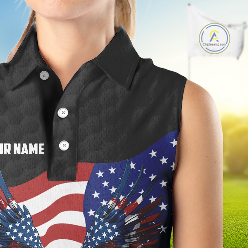 Black Golf pattern American Flag Eagle Women sleeveless golf polo shirts Custom patriotic golf attire NQS9986