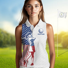 Load image into Gallery viewer, Red, White &amp; Blue American Flag Golf sleeveless polo shirts For Women Custom patriotic ladies golf top NQS9987