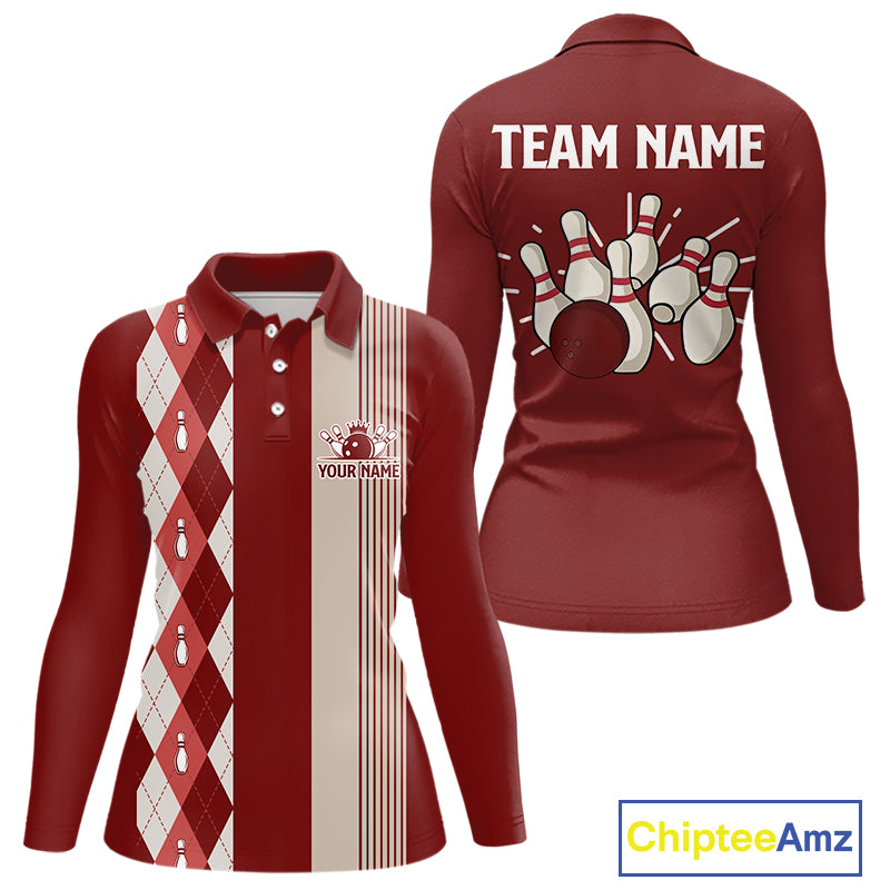 Retro Red argyle pattern Bowling shirts For Women custom bowling team jerseys Bowler Outfits NQS10151