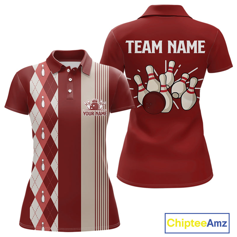 Retro Red argyle pattern Bowling shirts For Women custom bowling team jerseys Bowler Outfits NQS10151