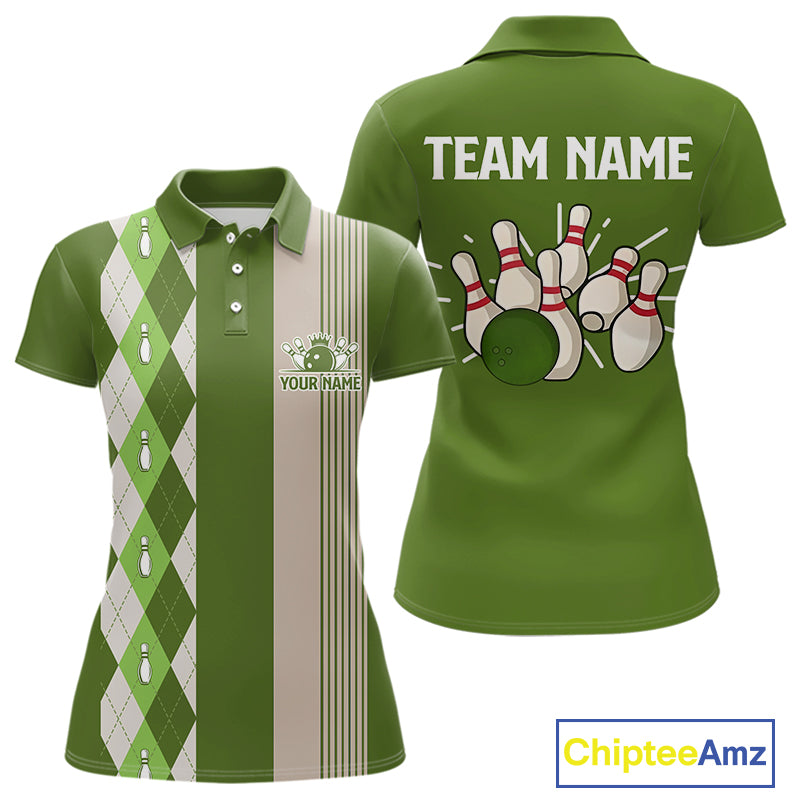 Retro Green argyle pattern Bowling shirts For Women custom bowling team jerseys Bowler Outfits NQS10152