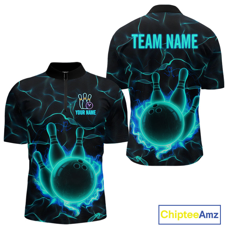 Cyan Blue Flame Bowling Polo, Quarter Zip shirts For Men custom bowling team jerseys Bowler Outfits NQS10153