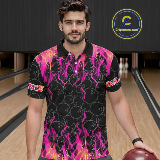 Black and Pink Flame camo Men bowling shirts Custom Flame Bowling Shirt Team Bowling Jersey NQS8304