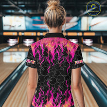 Load image into Gallery viewer, Black and Pink Flame camo Womens bowling shirts Custom Flame Bowling Shirt Team Bowling Jersey NQS8304