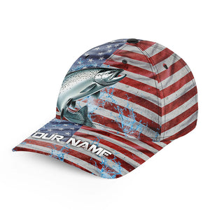 American flag patriot Chinook Salmon Fishing Baseball Angler Hat Cap, Personalized Salmon Fishing Gift NQS8298