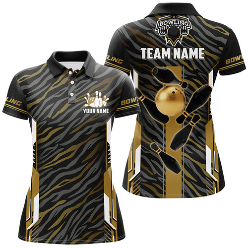 Black And Gold zebra pattern Bowling Shirts For Women, Personalized Bowling Team Jerseys Bowler Outfit NQS8300