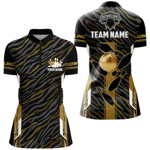 Black And Gold zebra pattern Bowling Shirts For Women, Personalized Bowling Team Jerseys Bowler Outfit NQS8300