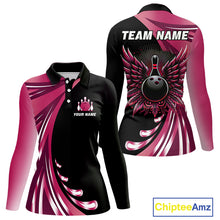 Load image into Gallery viewer, Black and Pink Bowling Ball and Pins wings Bowling Shirts for Women Custom Team Bowling Jerseys NQS10489