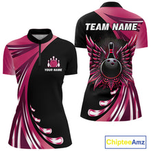 Load image into Gallery viewer, Black and Pink Bowling Ball and Pins wings Bowling Shirts for Women Custom Team Bowling Jerseys NQS10489