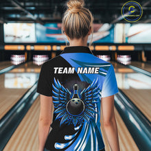 Load image into Gallery viewer, Black and Blue Bowling Ball and Pins wings Bowling Shirts for Women Custom Team Bowling Jerseys NQS10490