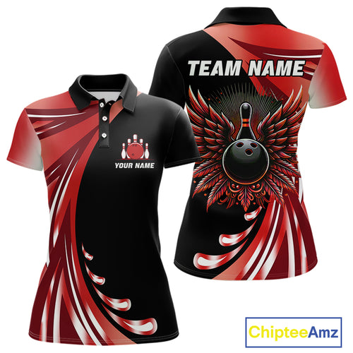 Black and Red Bowling Ball and Pins wings Bowling Shirts for Women Custom Team Bowling Jerseys NQS10491