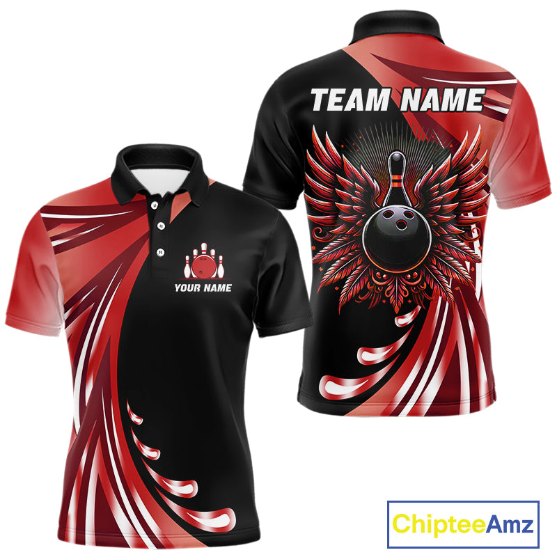 Black and Red Bowling Ball and Pins wings Bowling Shirts for Men Custom Team Bowling Jerseys NQS10491