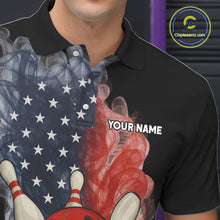 Load image into Gallery viewer, Custom Smoke American Flag Black Bowling Shirts for Men Personalized Patriotic Team Bowling Jerseys NQS10496