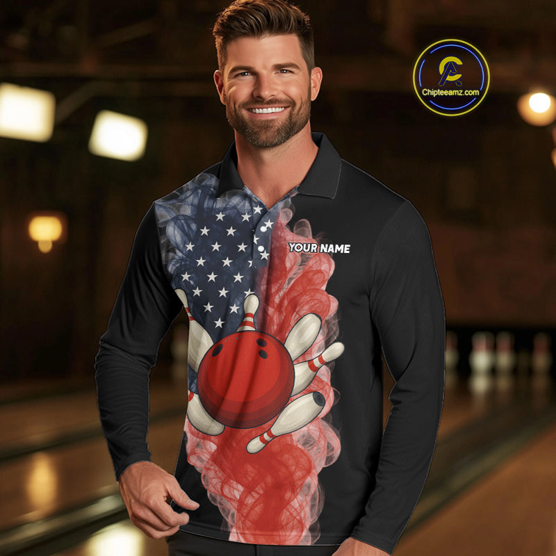 Custom Smoke American Flag Black Bowling Shirts for Men Personalized Patriotic Team Bowling Jerseys NQS10496