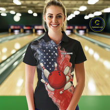 Load image into Gallery viewer, Custom Smoke American Flag Black Bowling Shirts for Women Personalized Patriotic Team Bowling Jerseys NQS10496