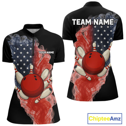 Custom Smoke American Flag Black Bowling Shirts for Women Personalized Patriotic Team Bowling Jerseys NQS10496
